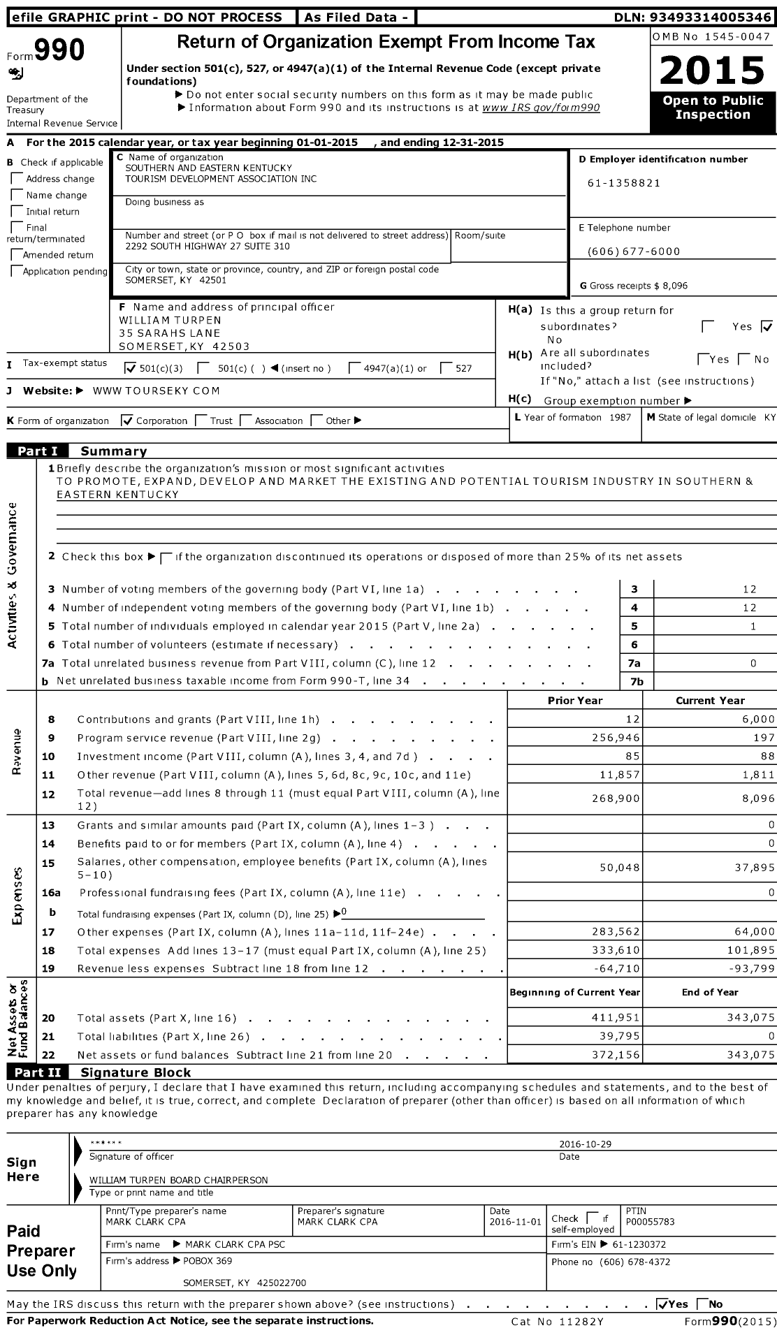 Image of first page of 2015 Form 990 for Southern and Eastern Kentucky Tourism Development Association