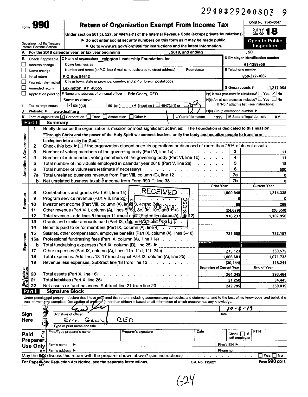 Image of first page of 2018 Form 990 for Lexington Leadership Foundation