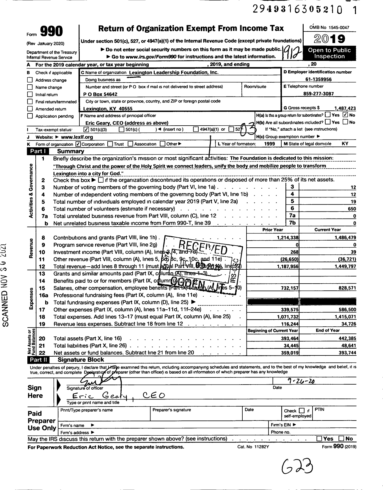 Image of first page of 2019 Form 990 for Lexington Leadership Foundation