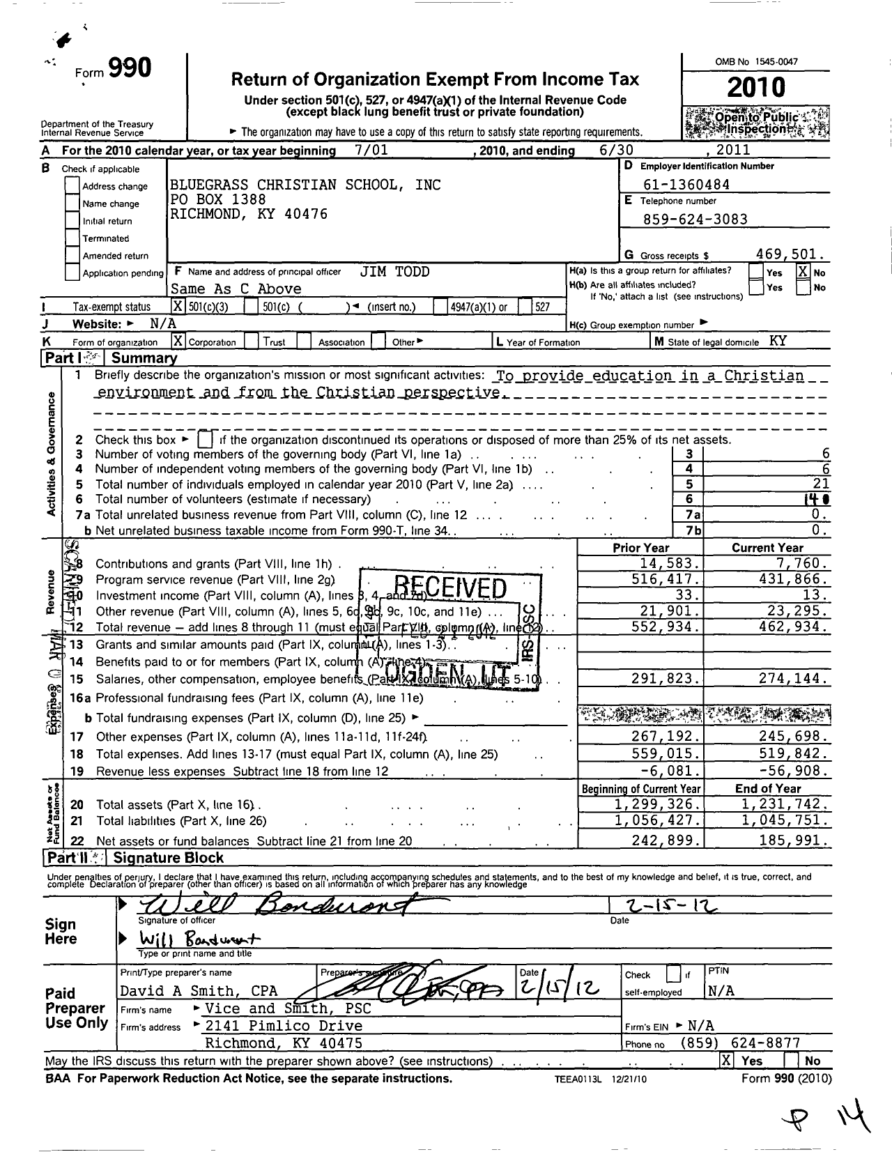 Image of first page of 2010 Form 990 for Bluegrass Christian School