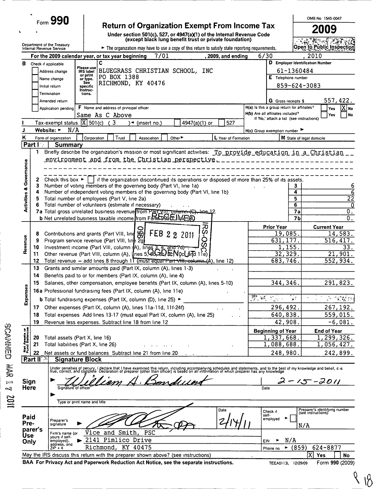 Image of first page of 2009 Form 990 for Bluegrass Christian School