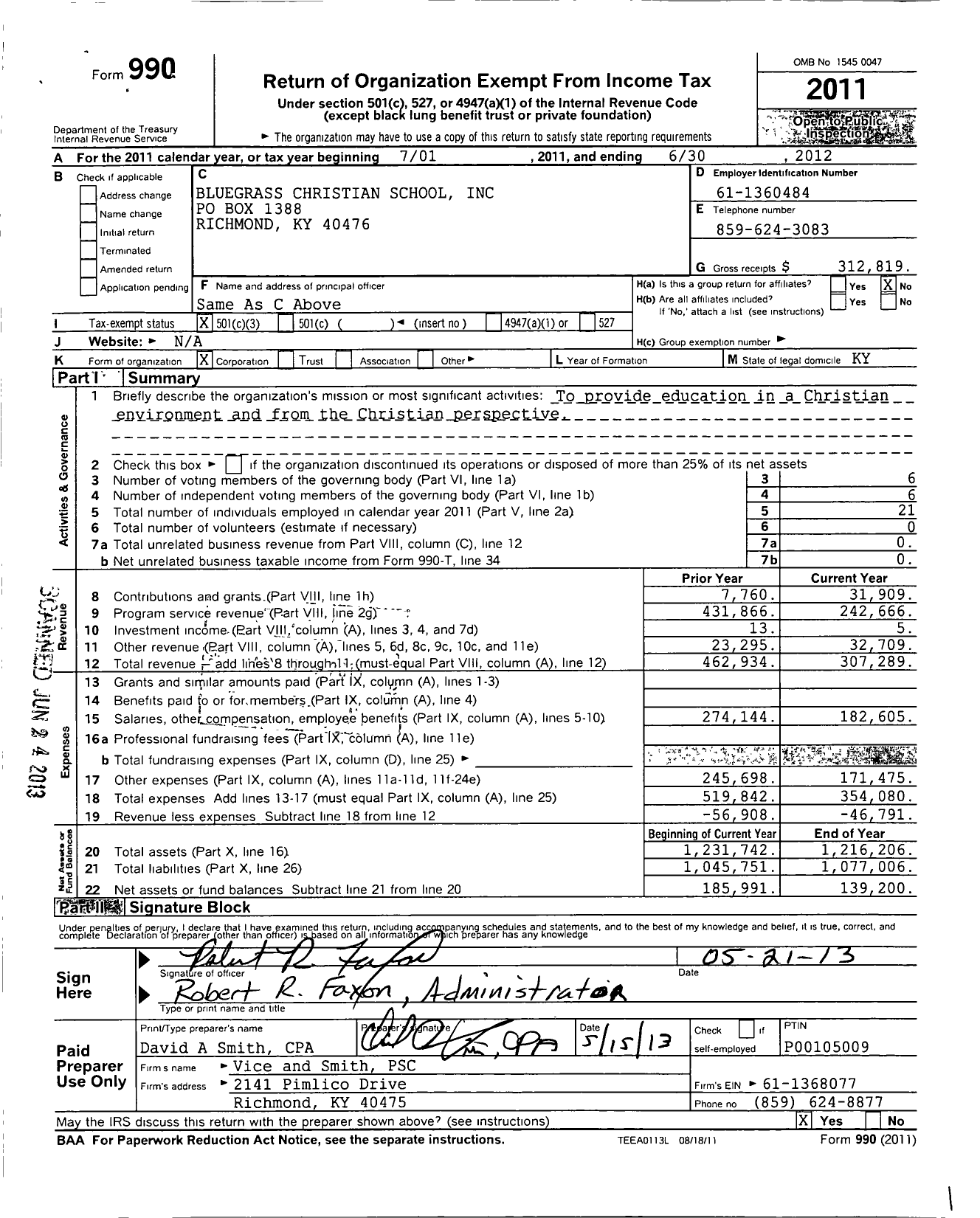 Image of first page of 2011 Form 990 for Bluegrass Christian School