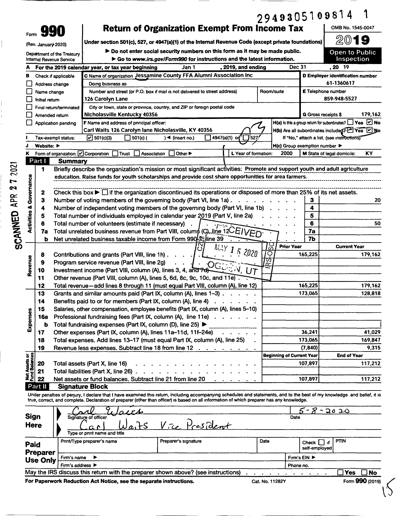 Image of first page of 2019 Form 990 for Future Farmers of America - Jessamine FFA Alumni