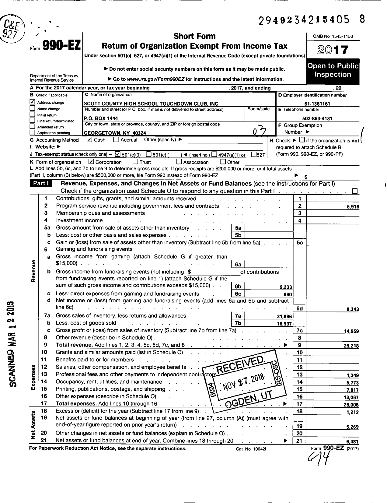 Image of first page of 2017 Form 990EZ for Touchdown Club