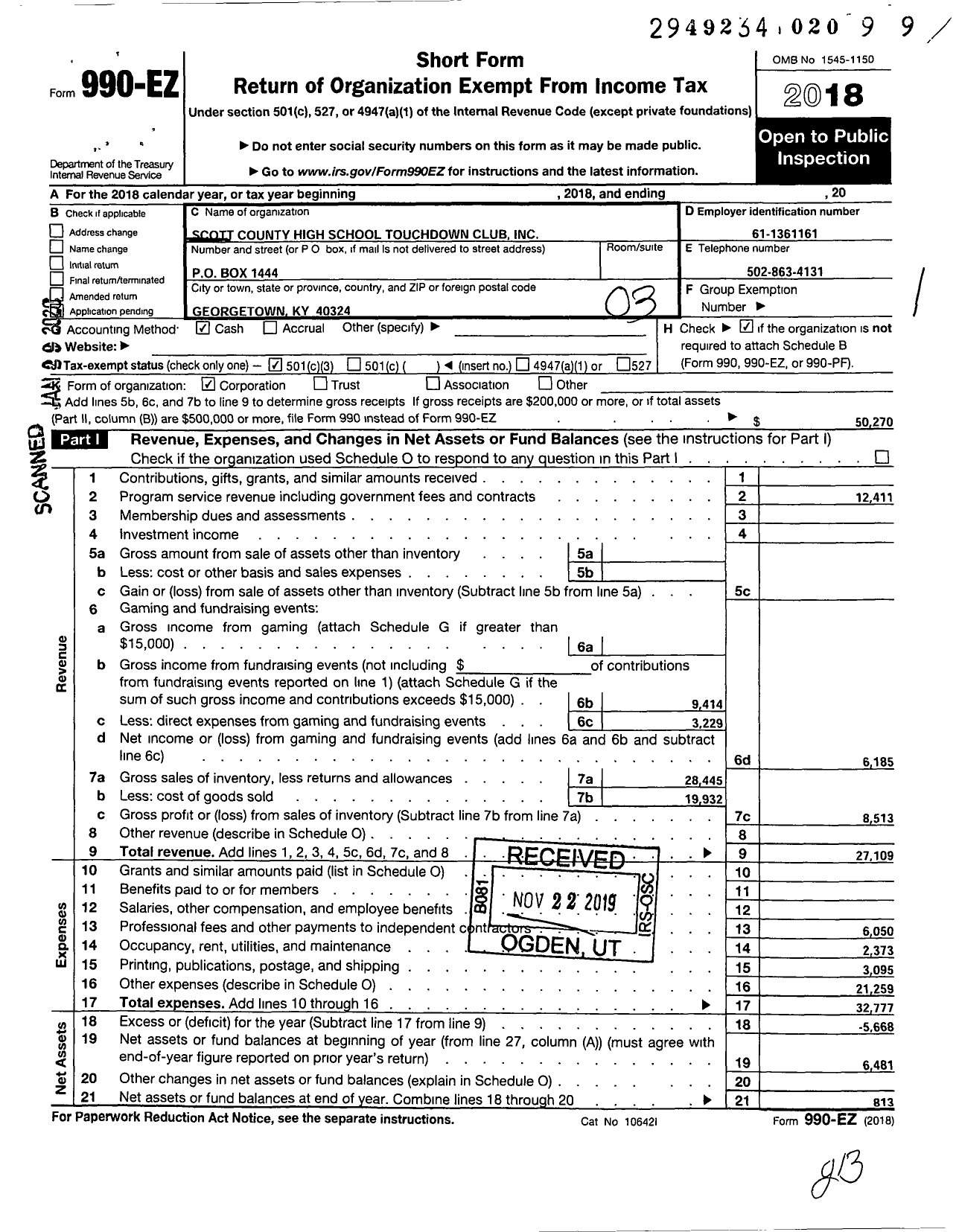 Image of first page of 2018 Form 990EZ for Touchdown Club