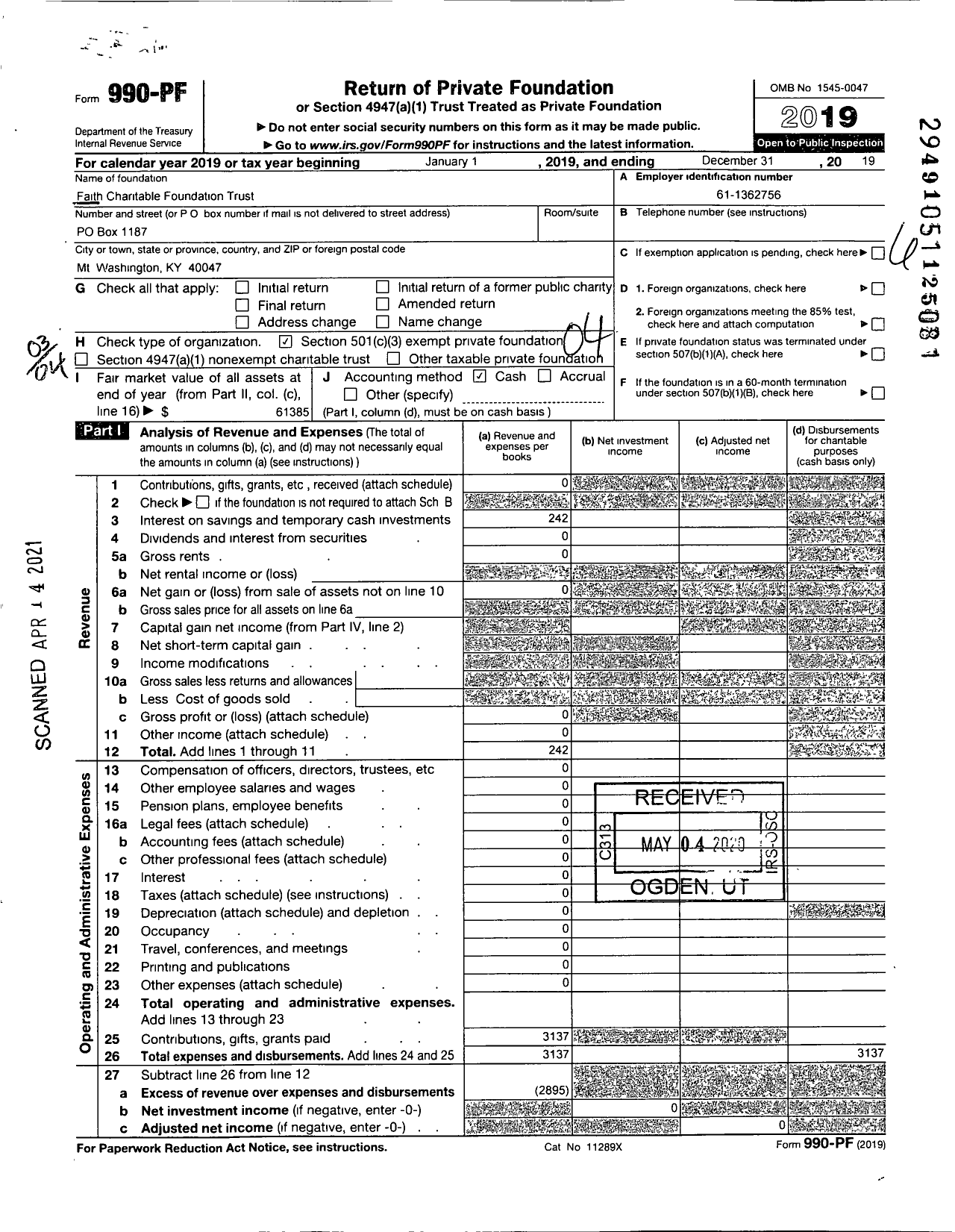 Image of first page of 2019 Form 990PF for Faith Charitable Foundation Trust