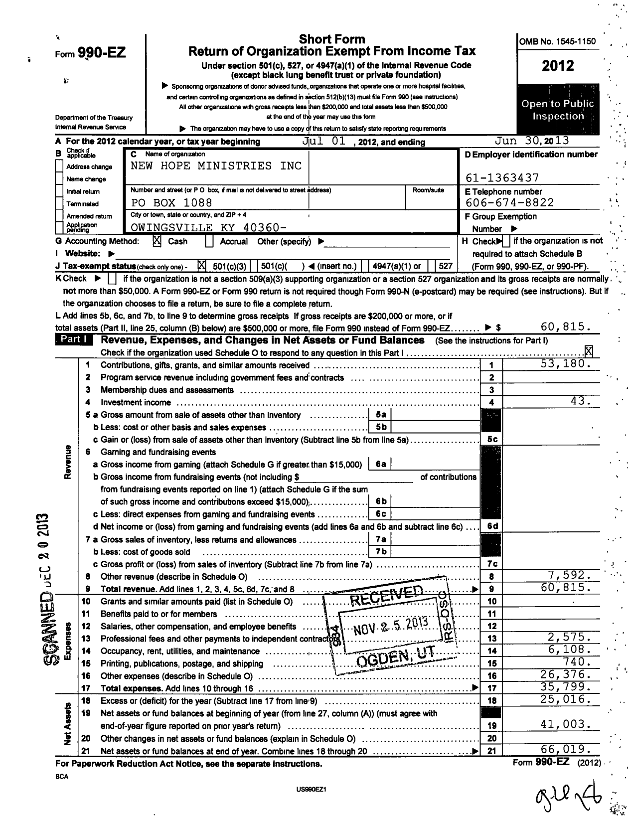 Image of first page of 2012 Form 990EZ for New Hope Ministries