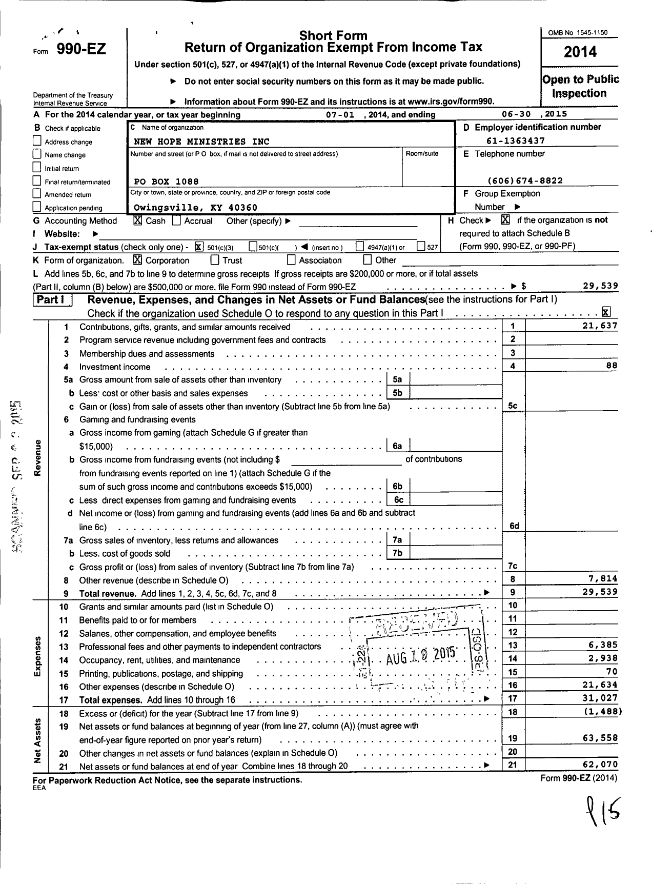 Image of first page of 2014 Form 990EZ for New Hope Ministries