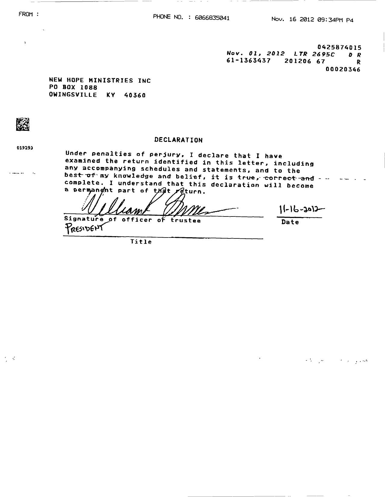 Image of first page of 2011 Form 990ER for New Hope Ministries