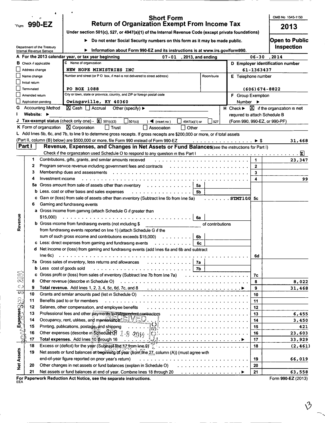 Image of first page of 2013 Form 990EZ for New Hope Ministries