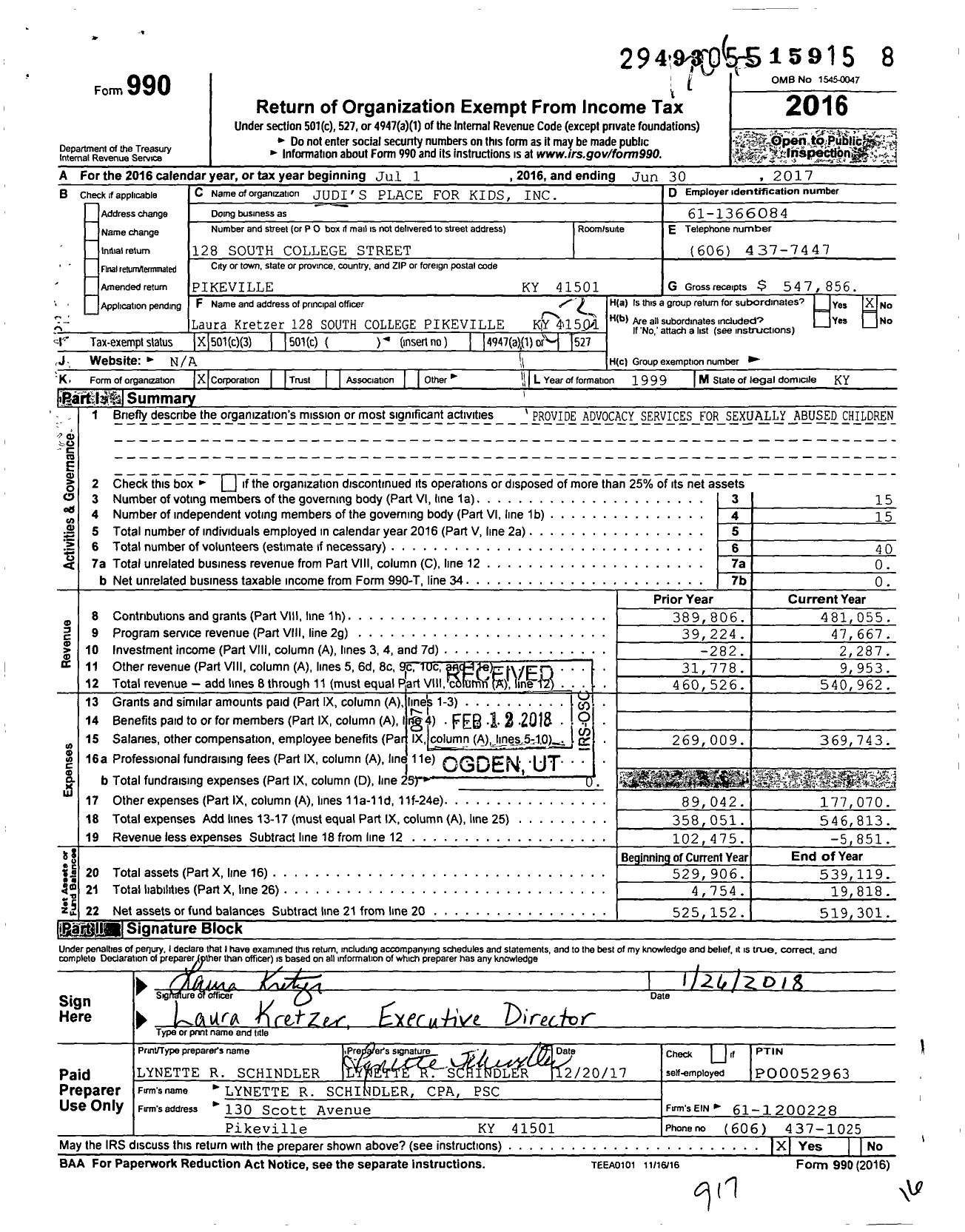 Image of first page of 2016 Form 990 for Judis Place for Kids