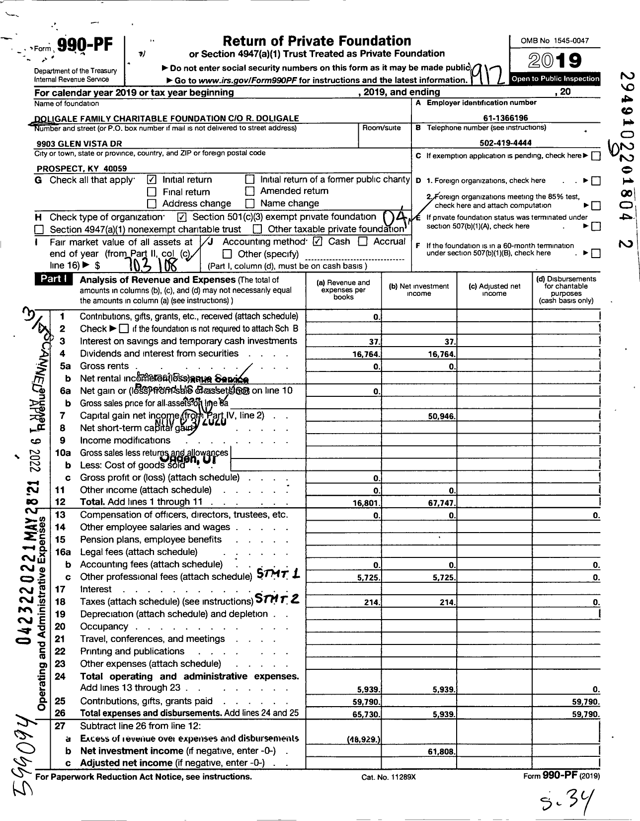 Image of first page of 2019 Form 990PF for Doligale Family Charitable Foundaton