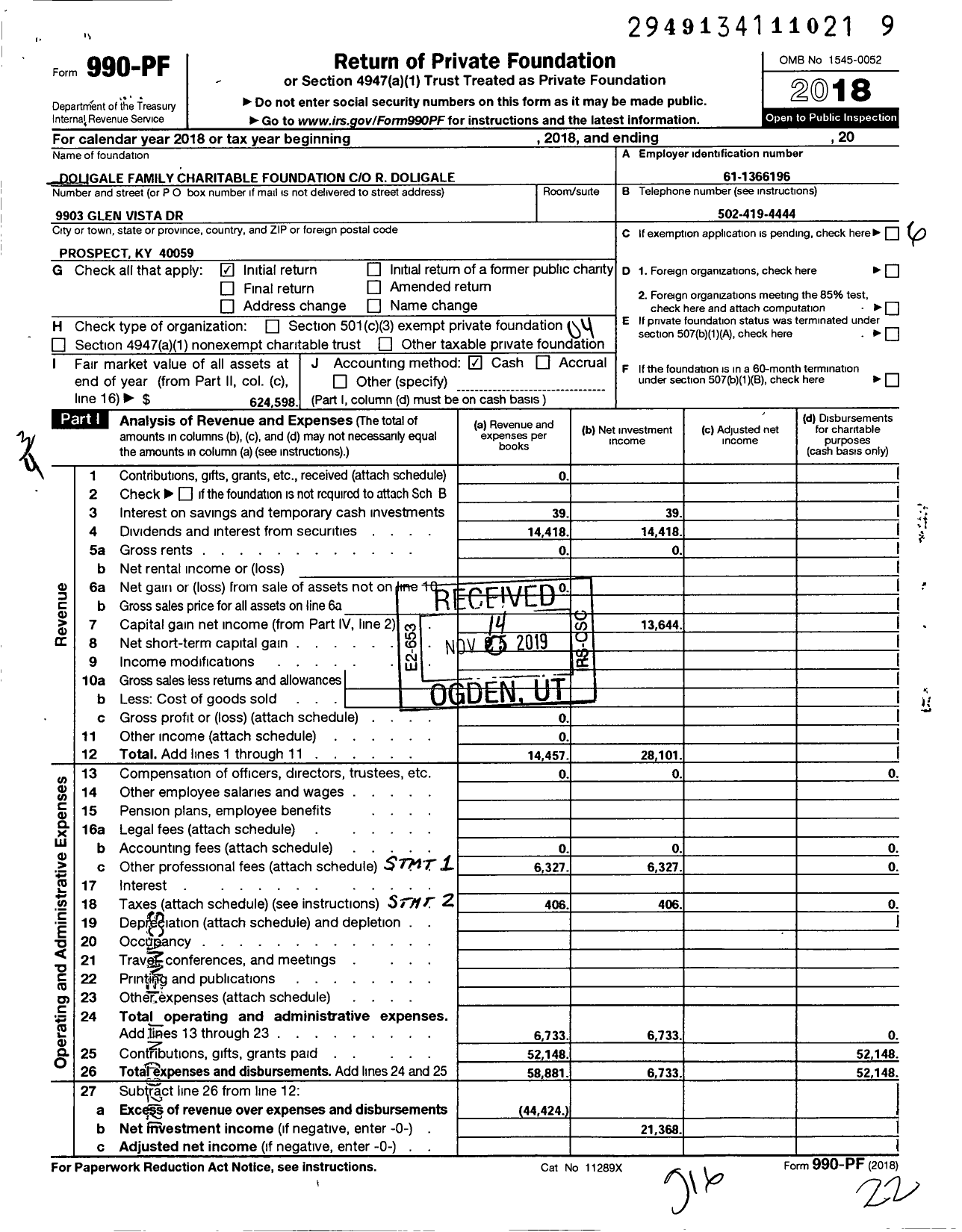 Image of first page of 2018 Form 990PF for Doligale Family Charitable Foundaton