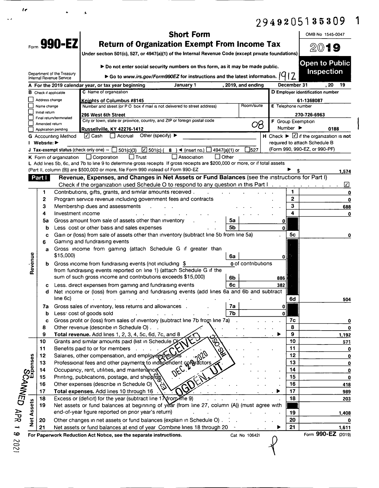 Image of first page of 2019 Form 990EO for Knights of Columbus - 8145 Sacred Heart Council