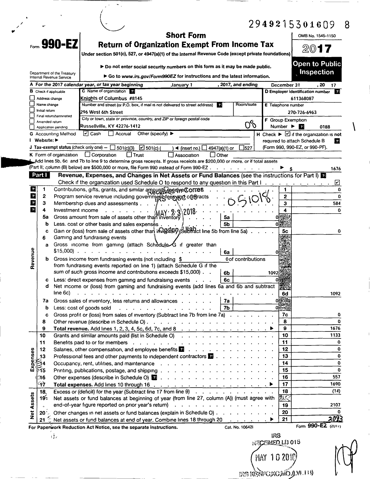 Image of first page of 2017 Form 990EO for Knights of Columbus - 8145 Sacred Heart Council