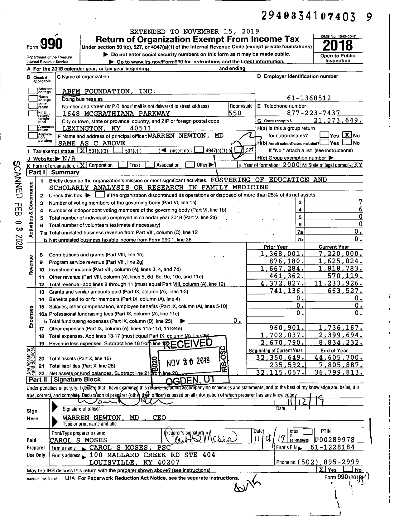 Image of first page of 2018 Form 990 for Abfm Foundation