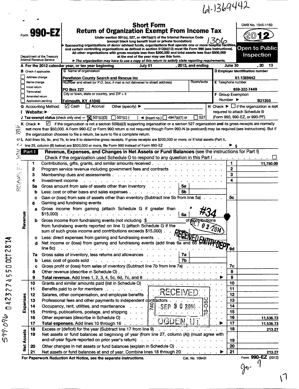 Image of first page of 2012 Form 990EZ for Pendleton County Search and Rescue