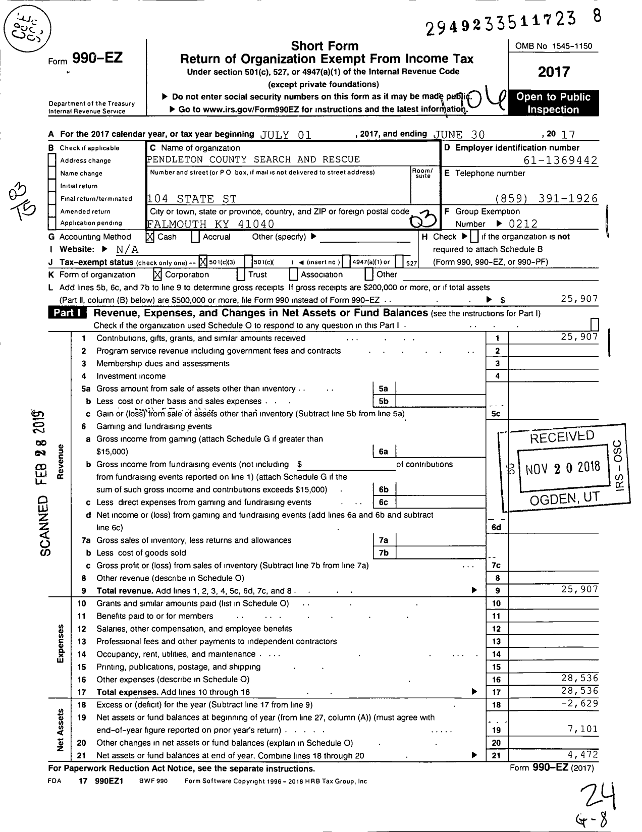 Image of first page of 2016 Form 990EZ for Pendleton County Search and Rescue