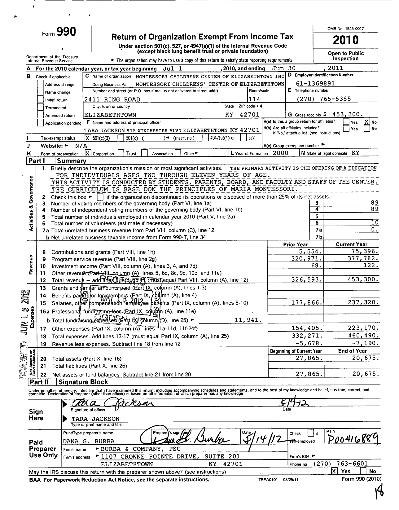 Image of first page of 2010 Form 990 for Montessori Childrens Center of Elizabethtown