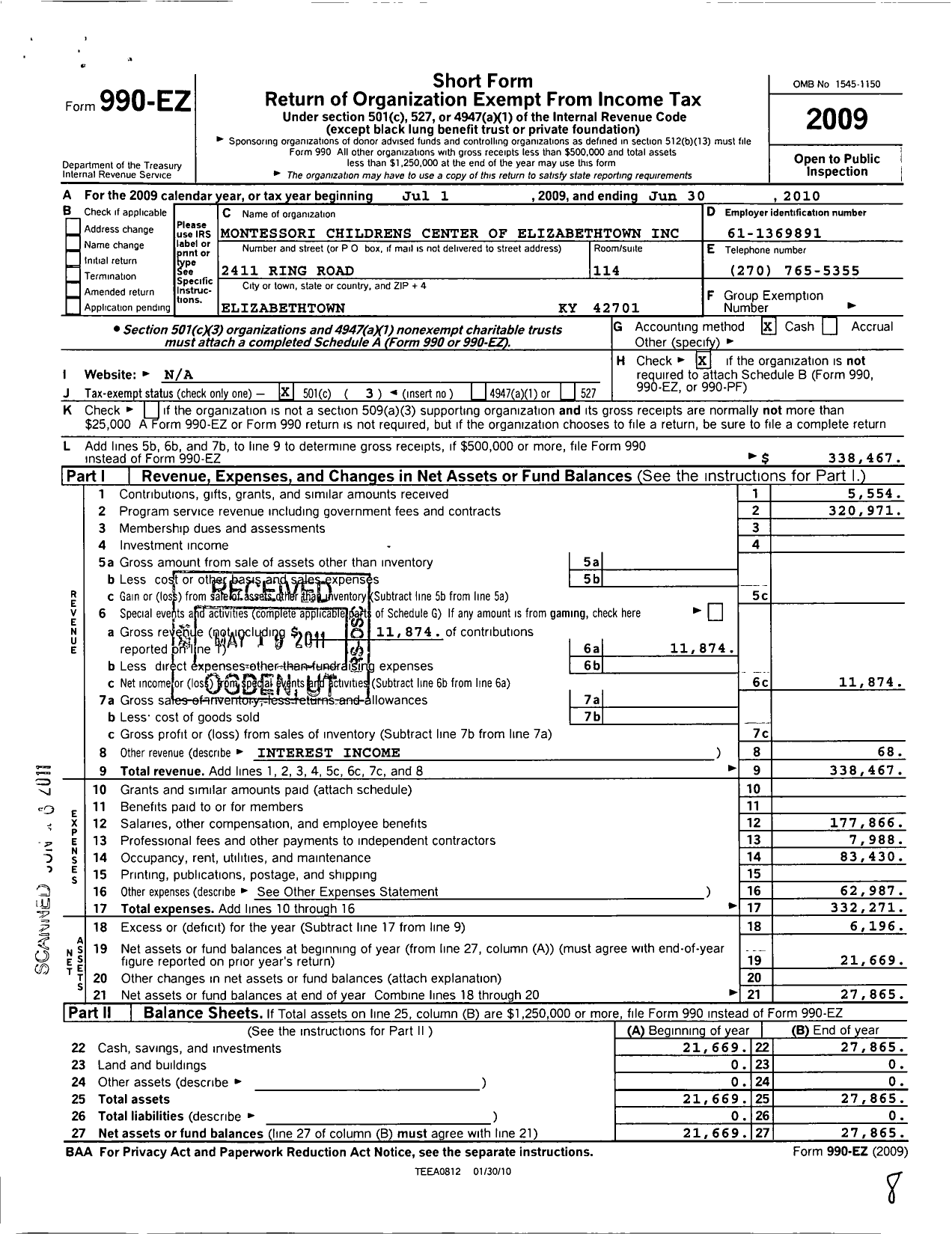 Image of first page of 2009 Form 990EZ for Montessori Childrens Center of Elizabethtown