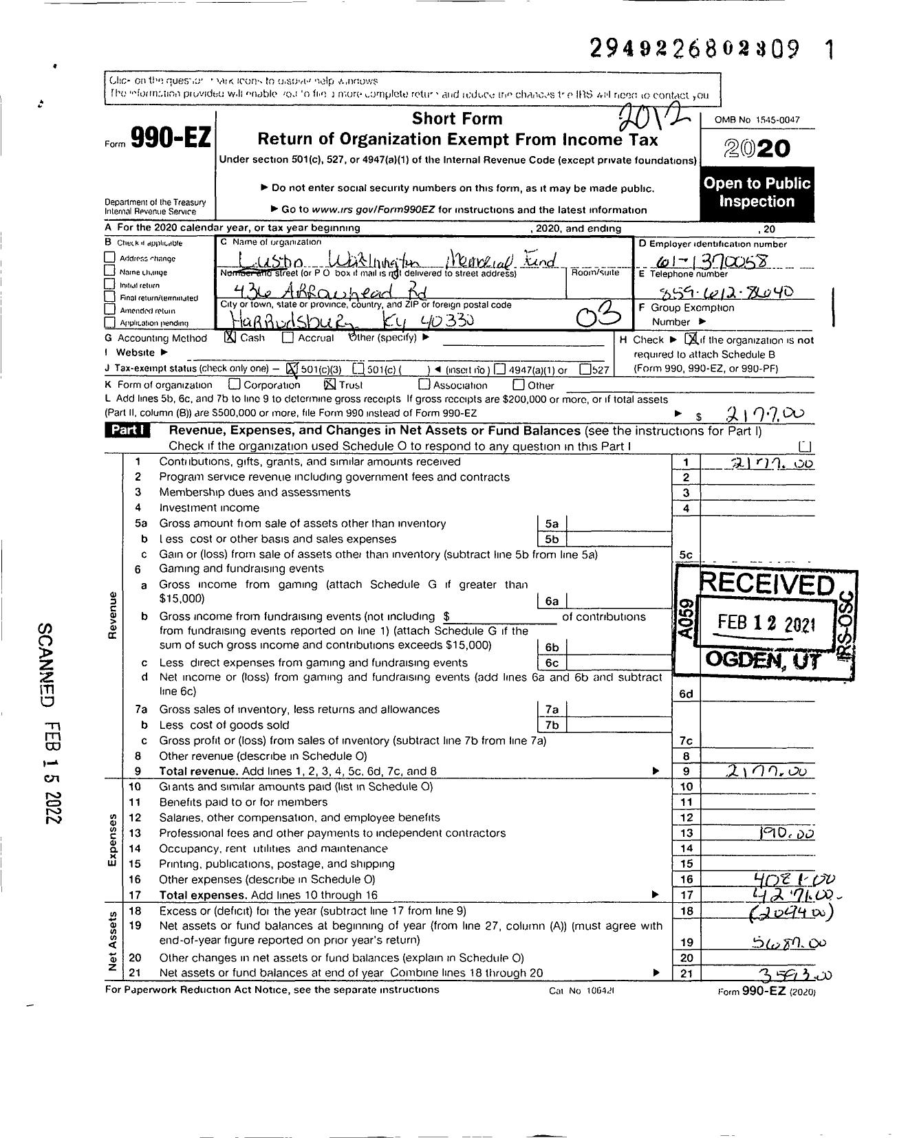 Image of first page of 2020 Form 990EZ for Dustin Worthington Memorial Fund