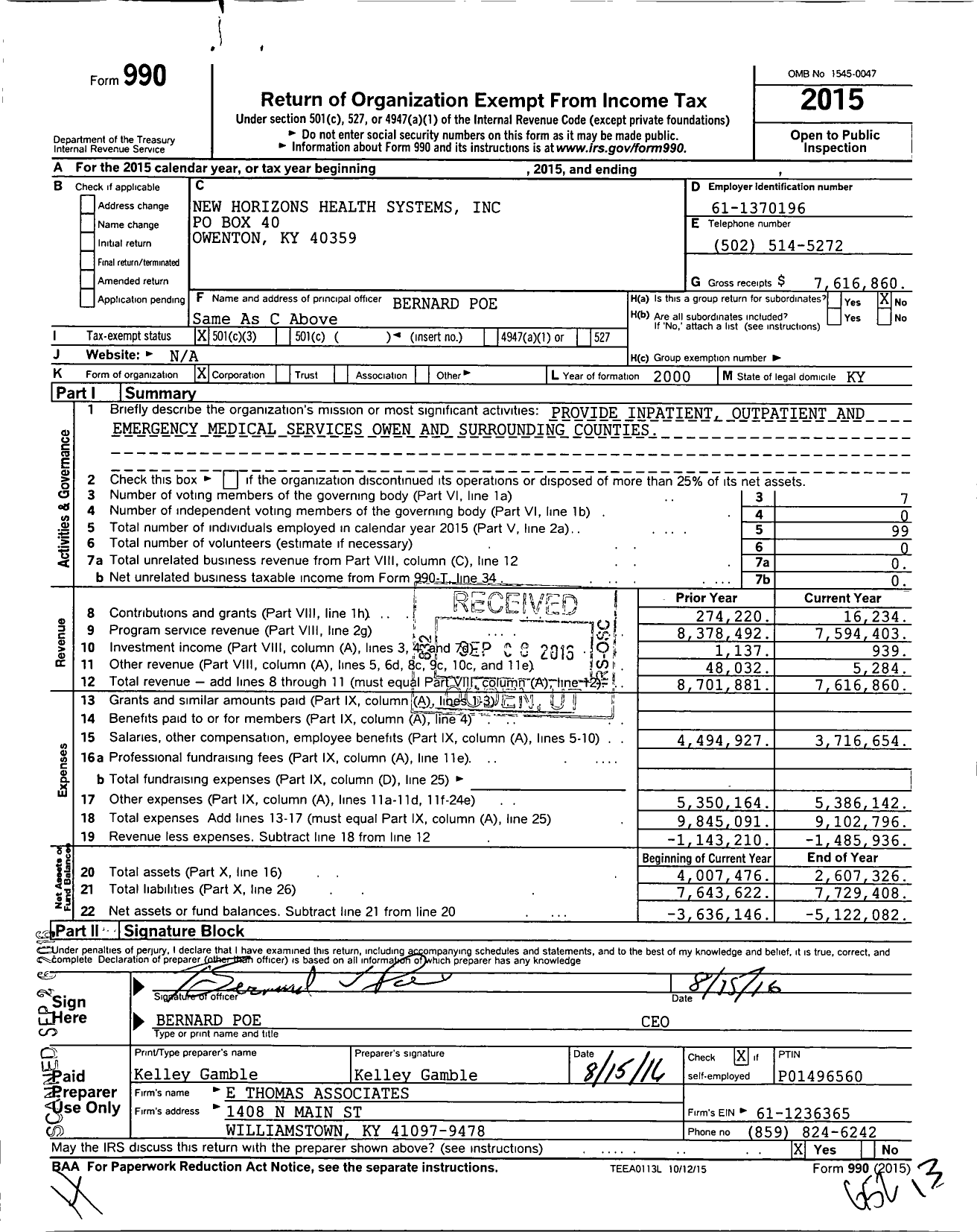 Image of first page of 2015 Form 990 for New Horizons Health Systems