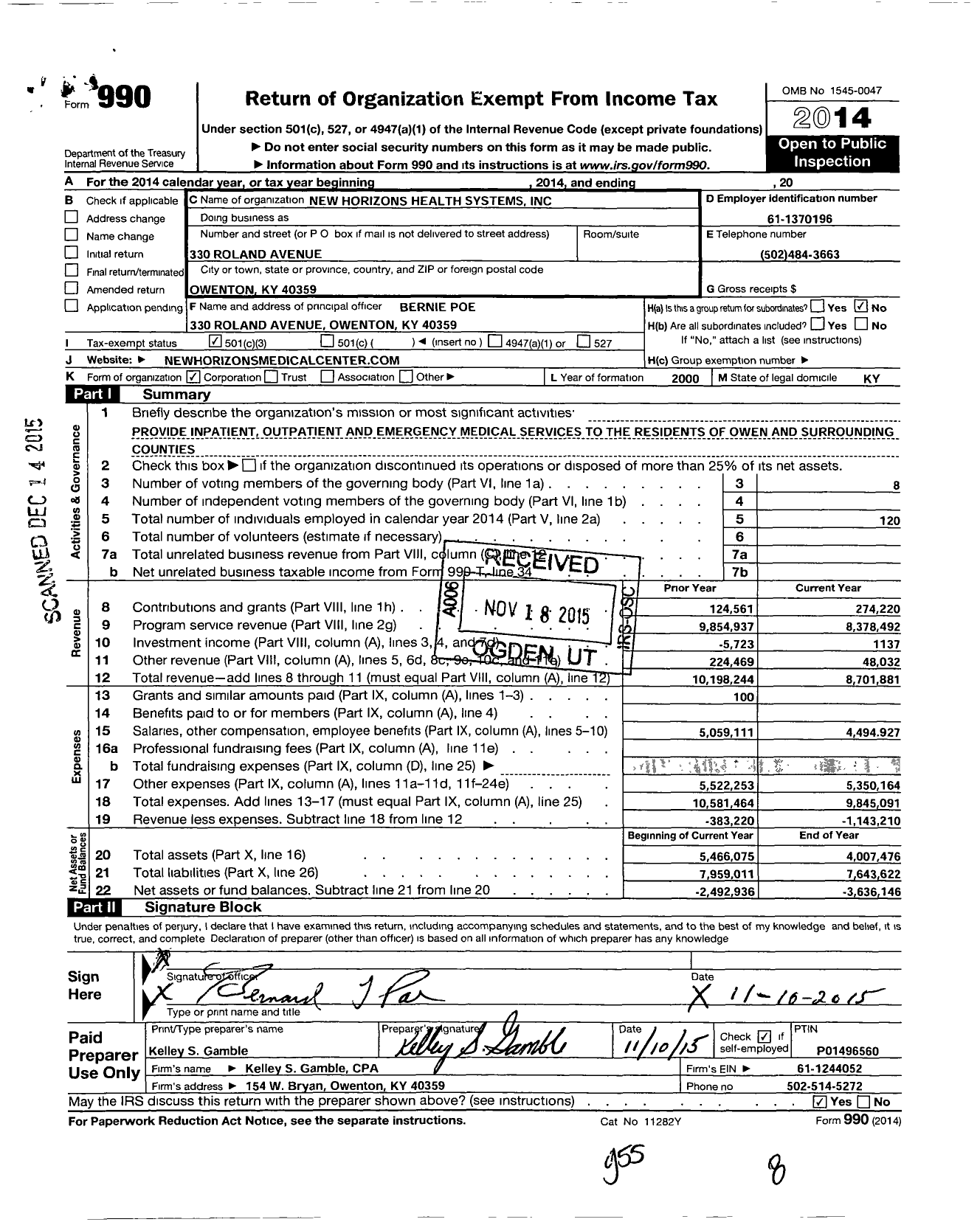 Image of first page of 2014 Form 990 for New Horizons Health Systems