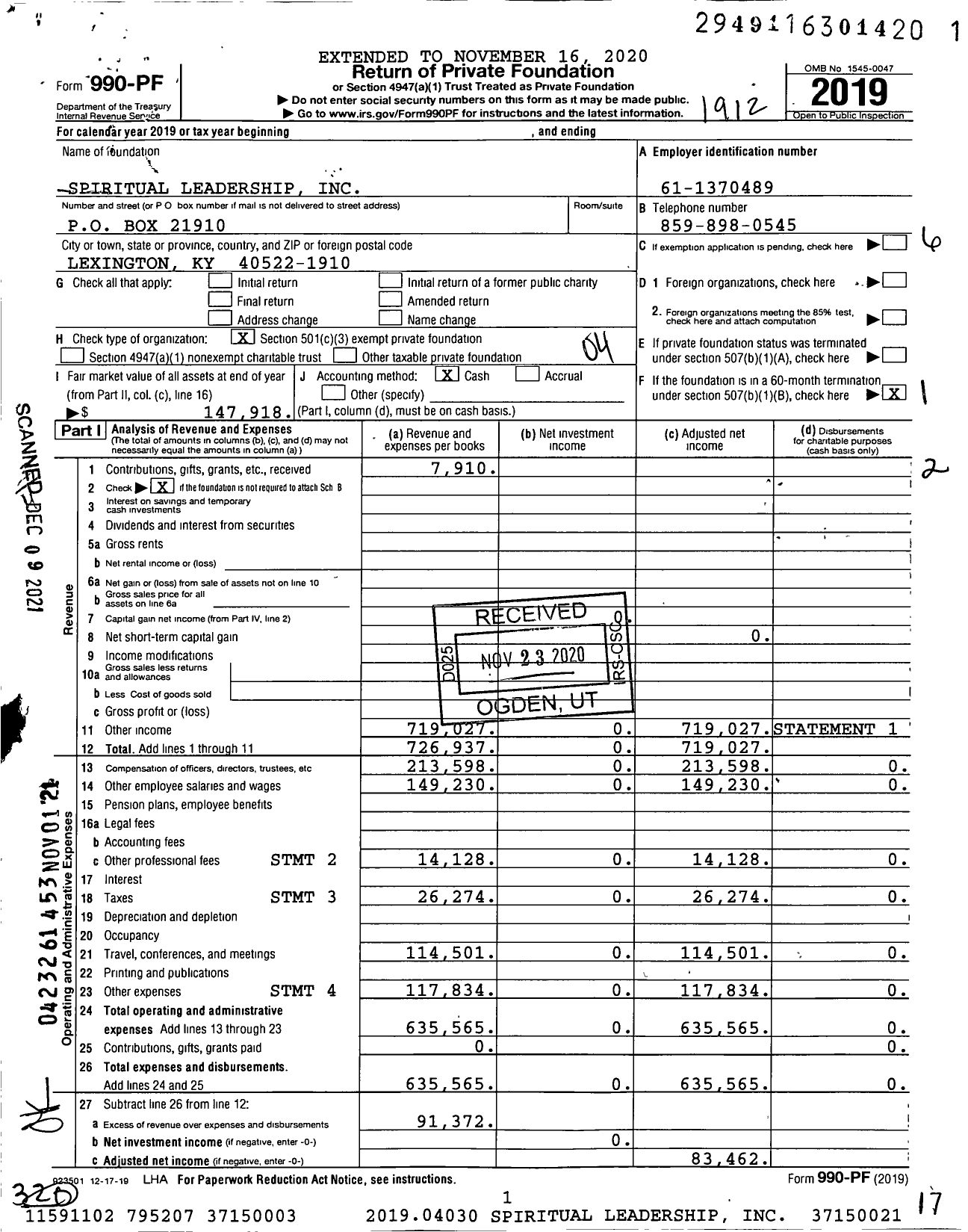 Image of first page of 2019 Form 990PF for Spiritual Leadership