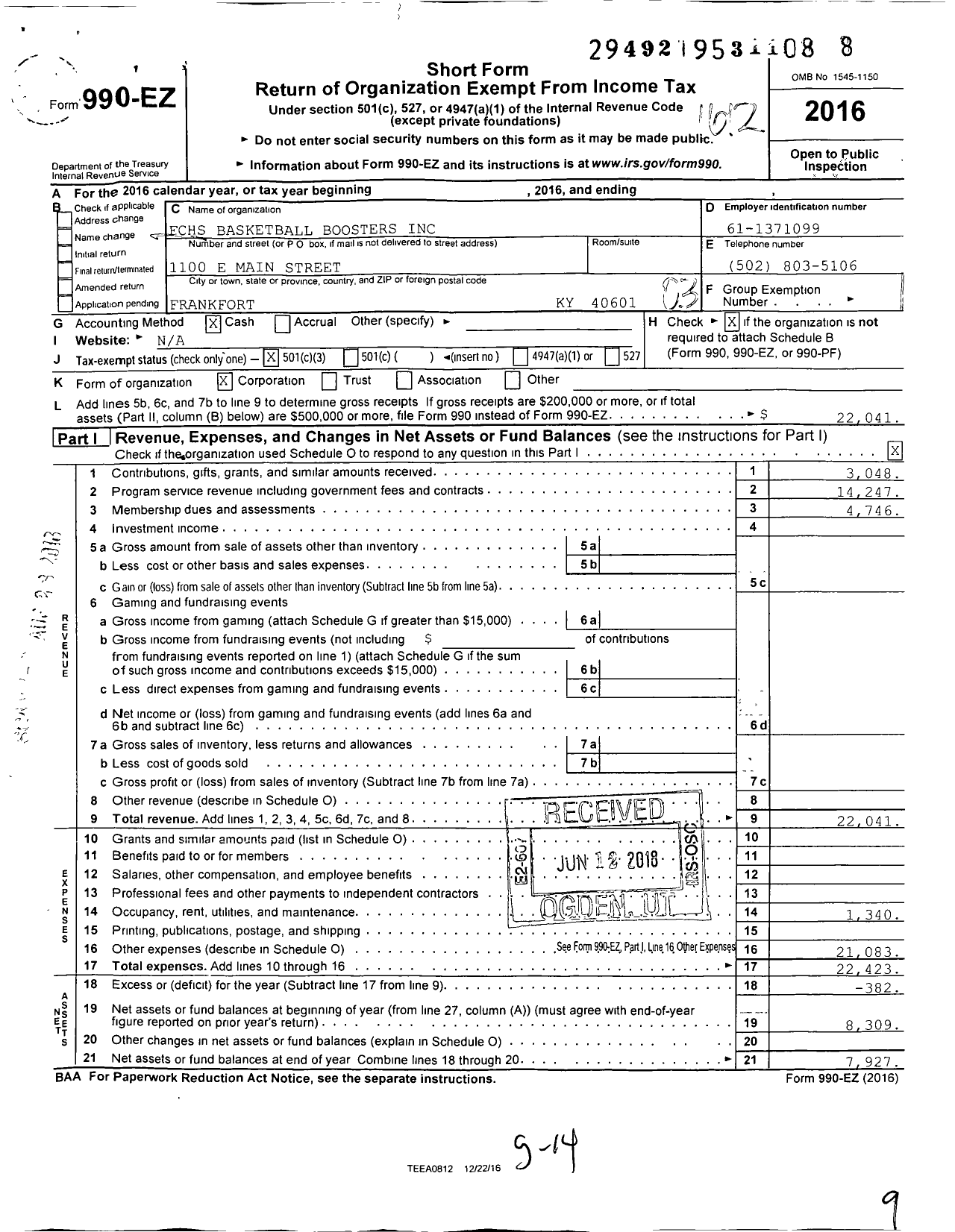 Image of first page of 2016 Form 990EZ for Franklin County High School Boys Basketball Boosters