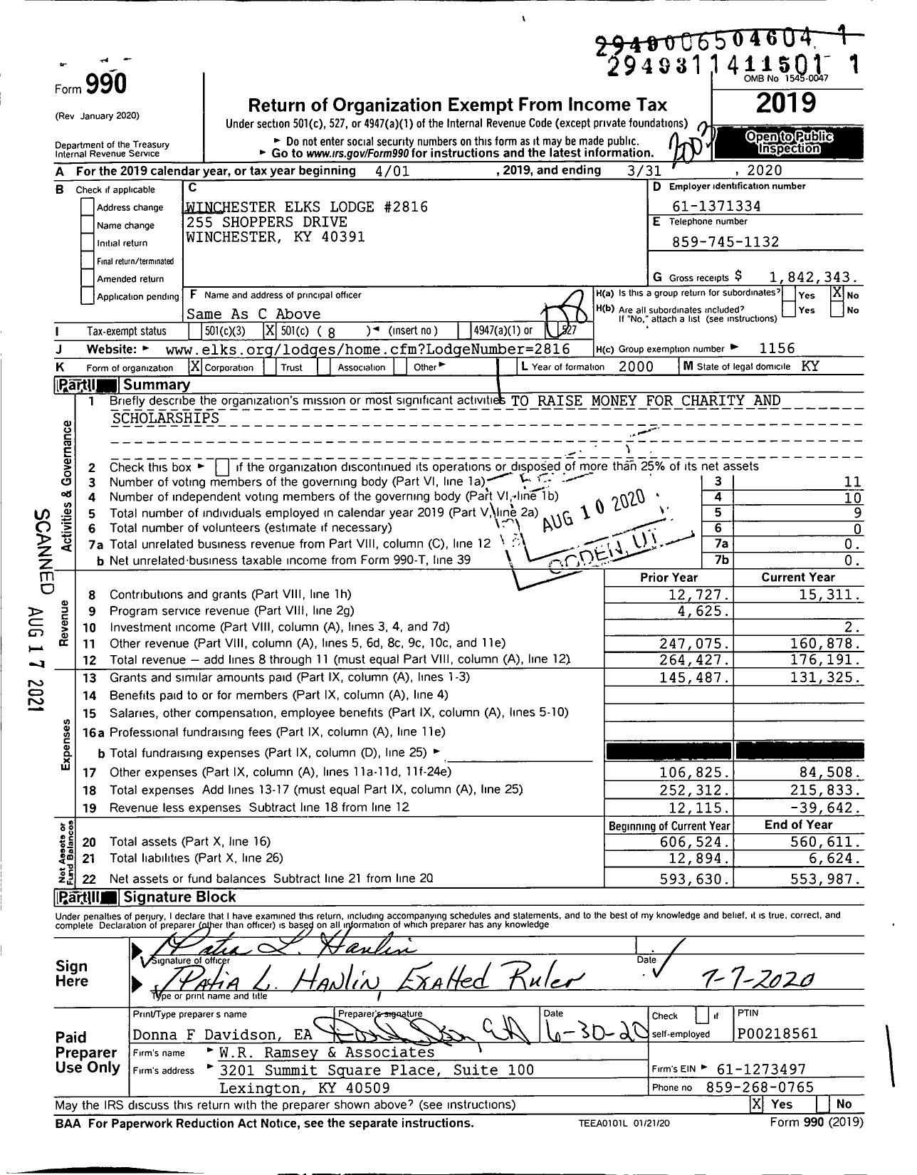 Image of first page of 2019 Form 990O for Benevolent and Protective Order of Elks - 2816 Winchester