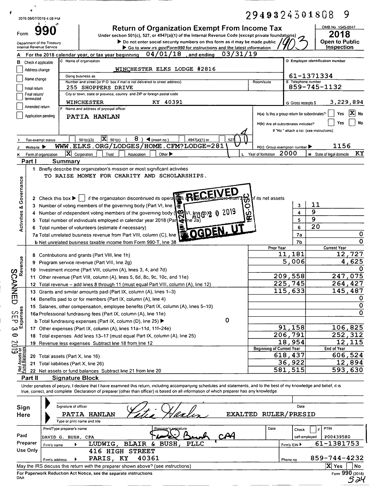 Image of first page of 2018 Form 990O for Benevolent and Protective Order of Elks - 2816 Winchester