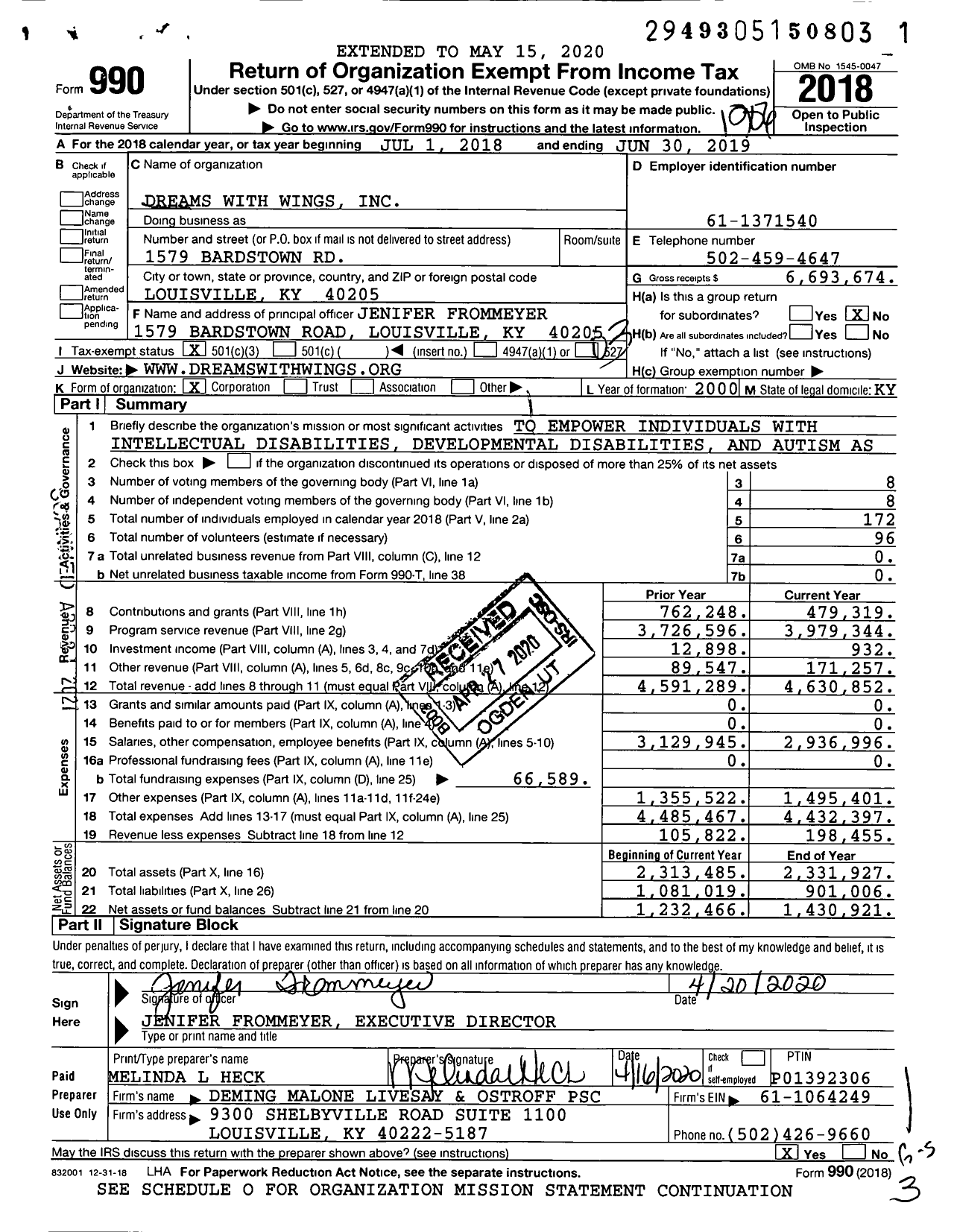 Image of first page of 2018 Form 990 for Dreams with Wings