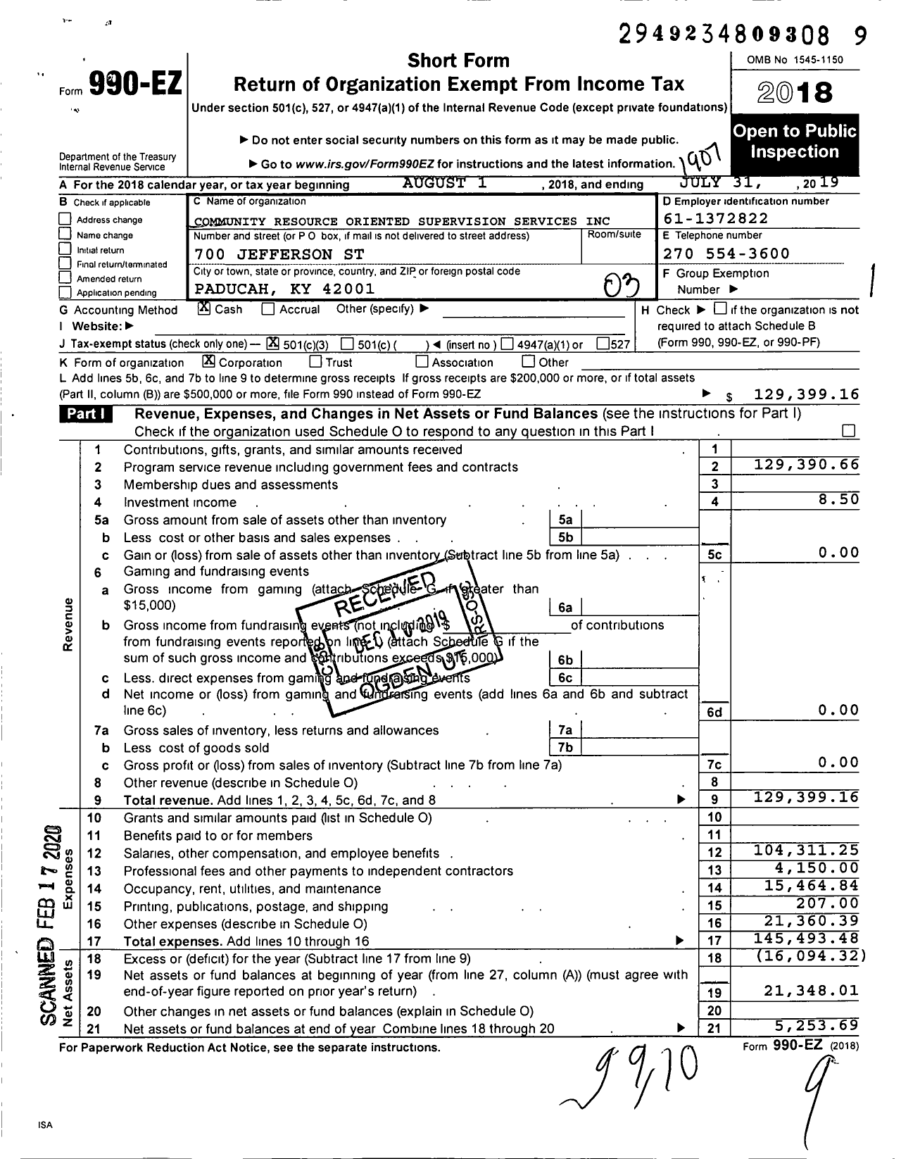 Image of first page of 2018 Form 990EZ for Community Resource Oriented Supervision SVCS