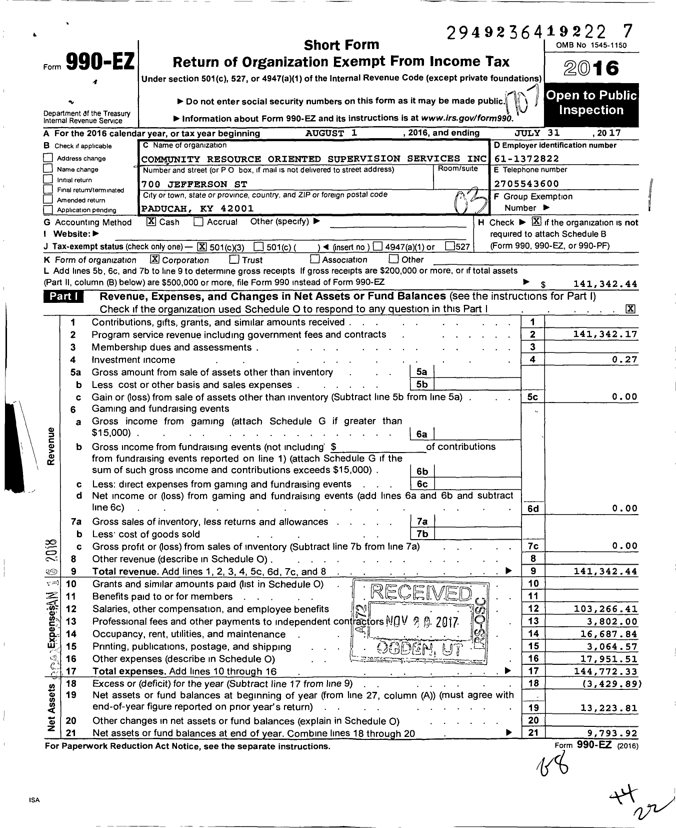 Image of first page of 2016 Form 990EZ for Community Resource Oriented Supervision SVCS