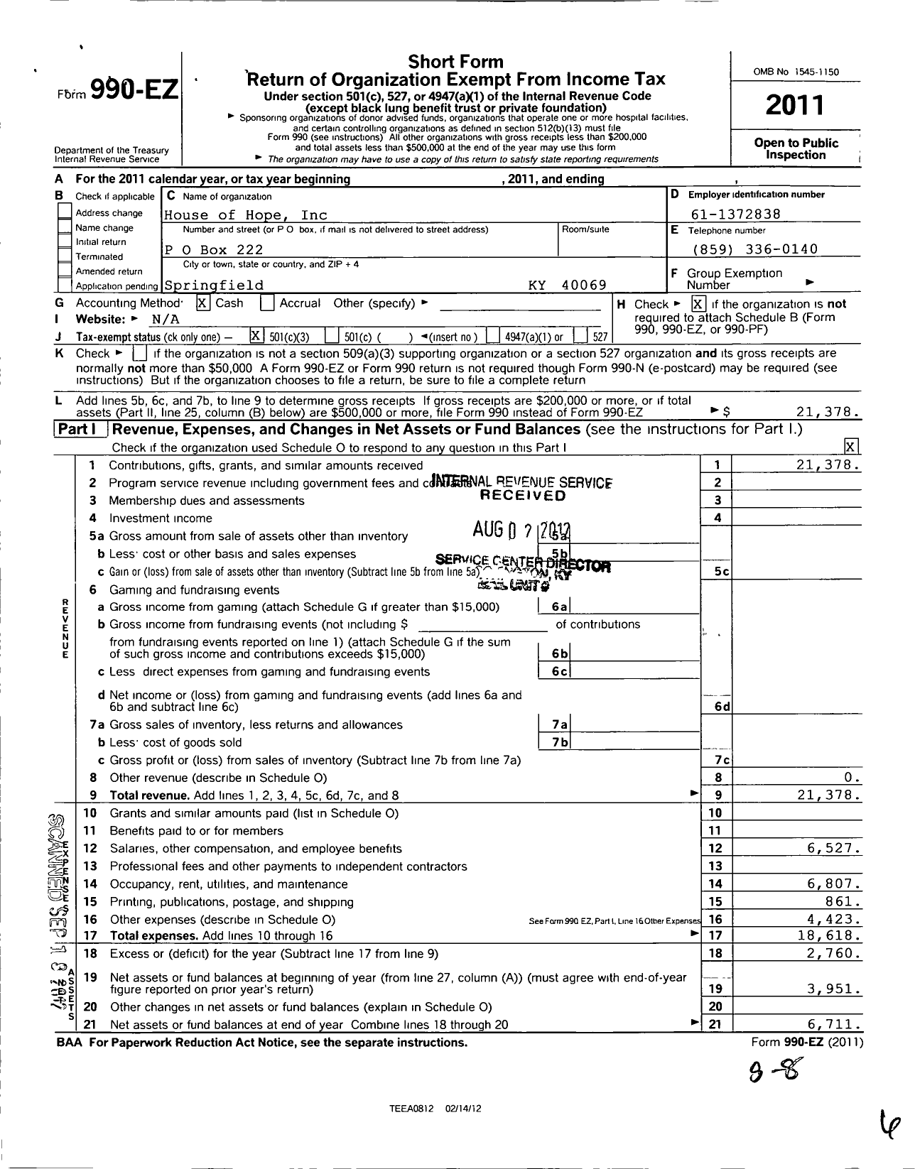 Image of first page of 2011 Form 990EZ for House of Hope