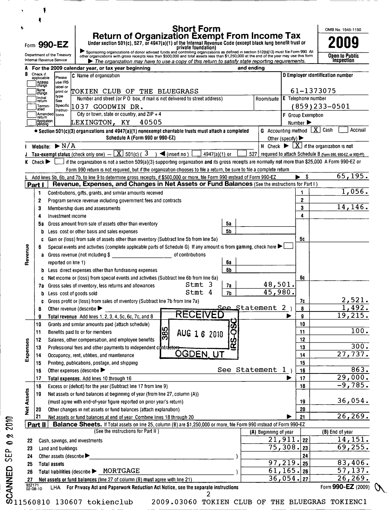 Image of first page of 2009 Form 990EZ for Token Club of the Bluegrass