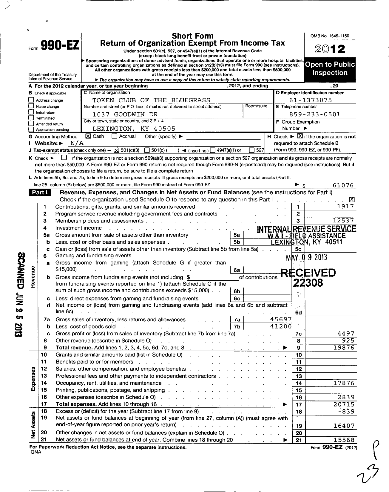 Image of first page of 2012 Form 990EZ for Token Club of the Bluegrass