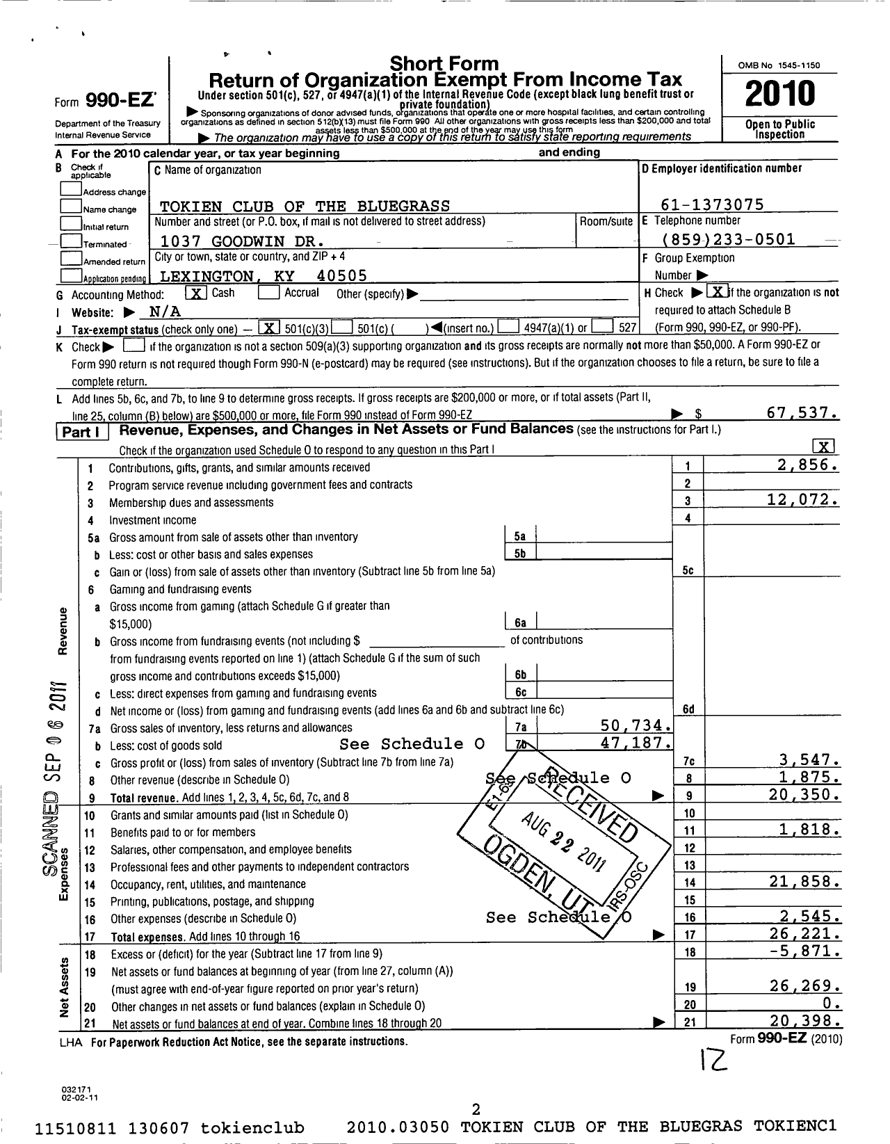 Image of first page of 2010 Form 990EZ for Token Club of the Bluegrass