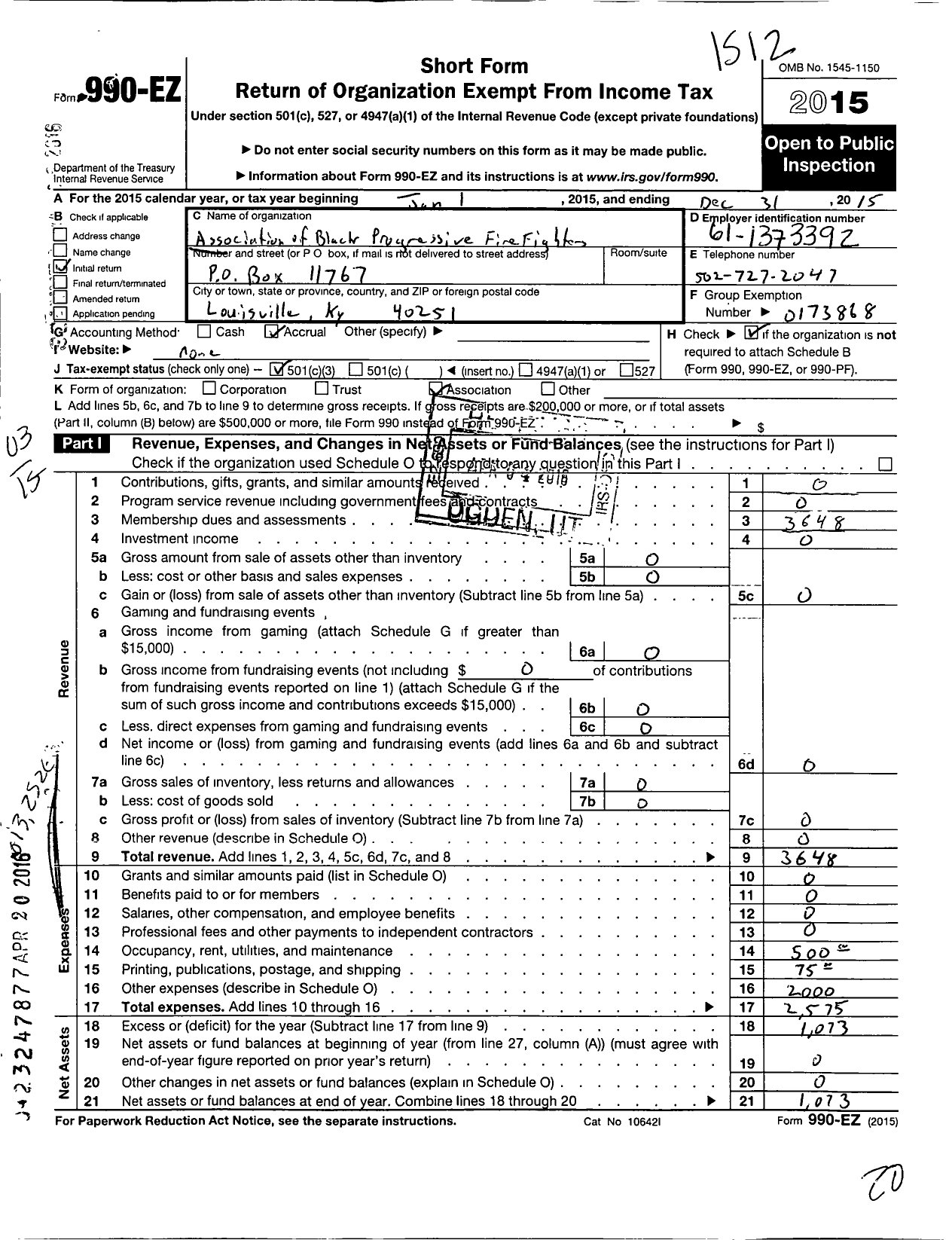 Image of first page of 2015 Form 990EZ for Association of Black Progressive Fire Fighters