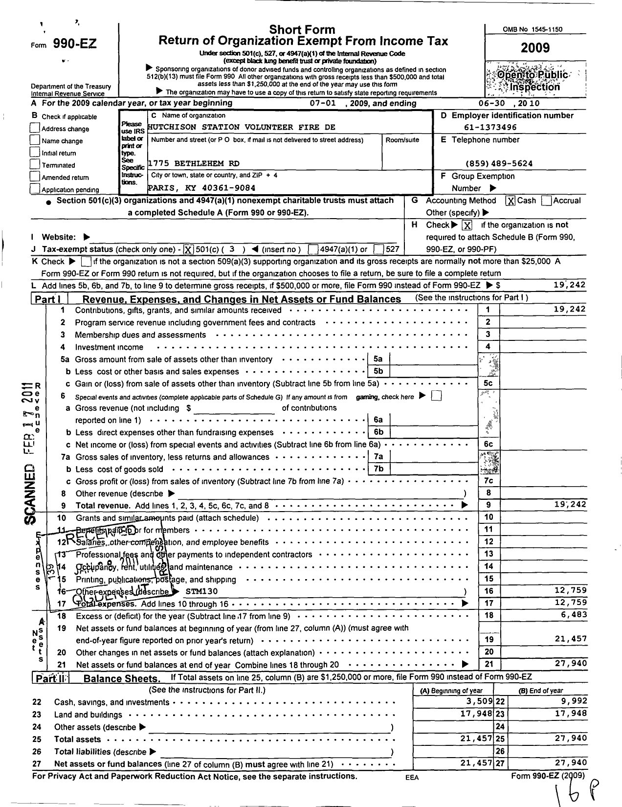 Image of first page of 2009 Form 990EZ for Hutchinson Station Volunteer Fire Department