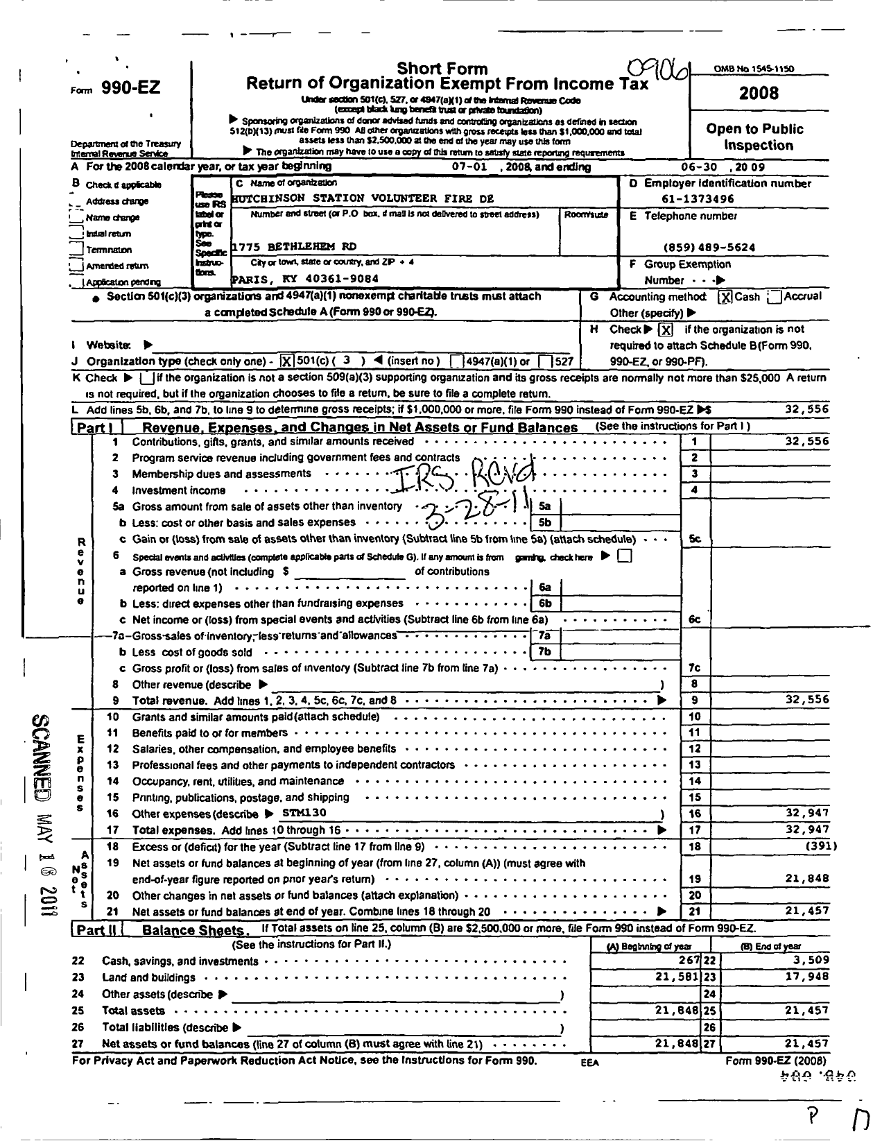 Image of first page of 2008 Form 990EZ for Hutchinson Station Volunteer Fire Department