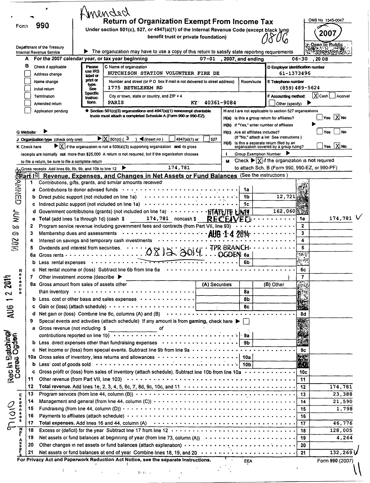 Image of first page of 2007 Form 990 for Hutchinson Station Volunteer Fire Department