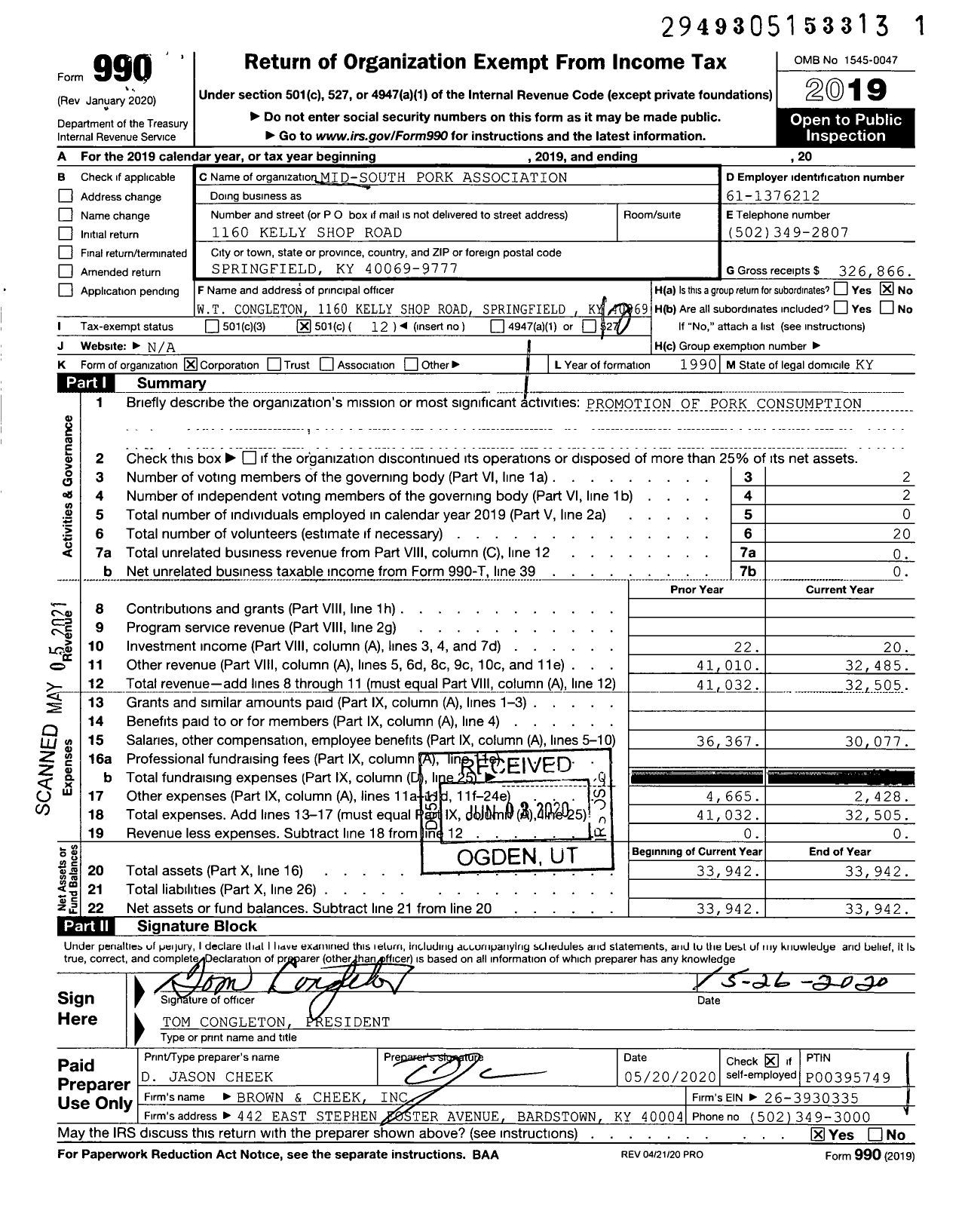 Image of first page of 2019 Form 990O for Mid-South Pork Association