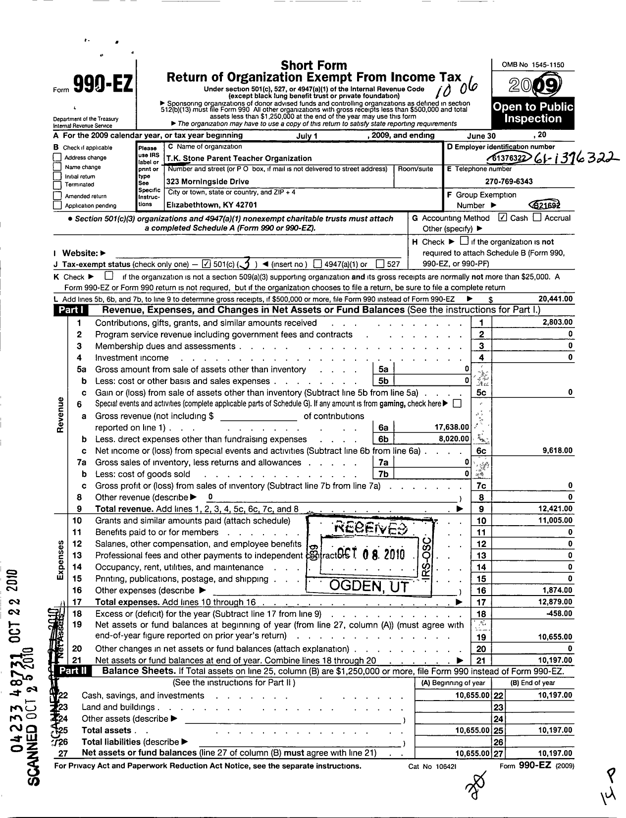 Image of first page of 2008 Form 990EZ for T K Stone Parent Teacher Organization