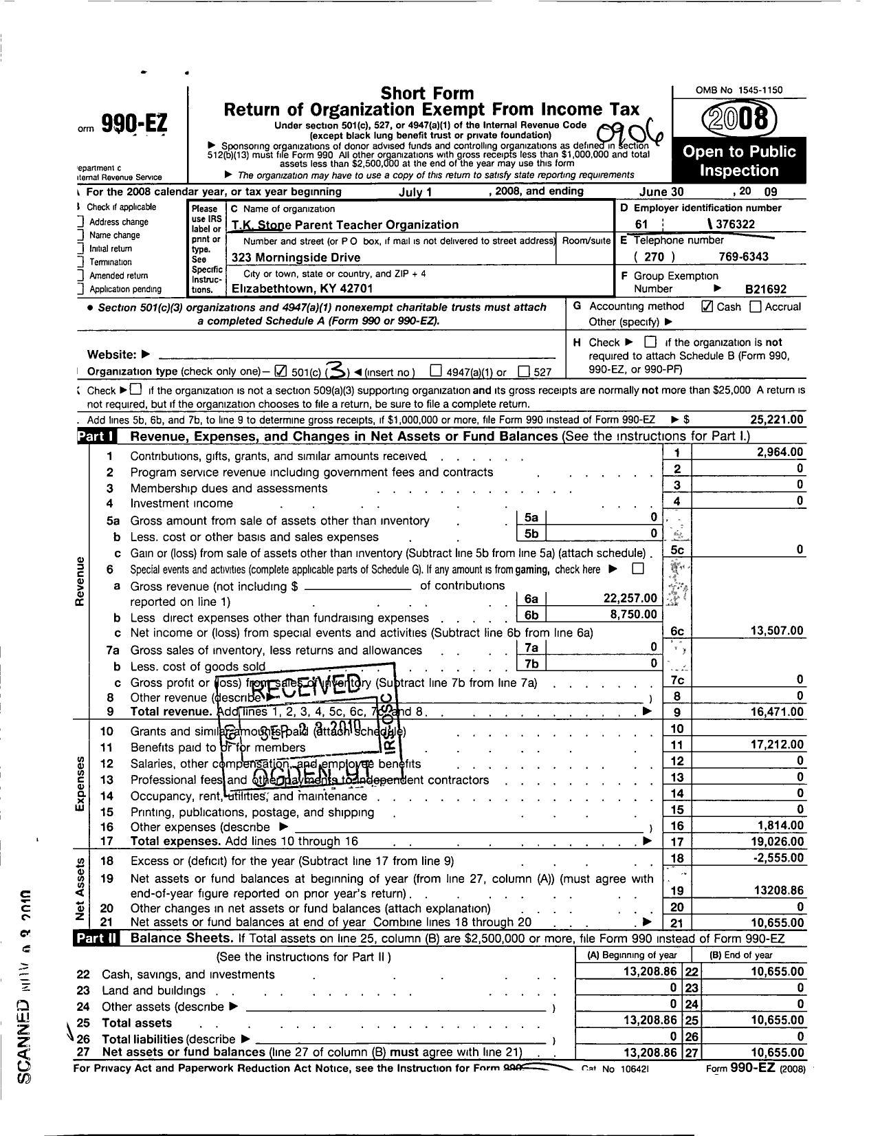 Image of first page of 2008 Form 990EZ for T K Stone Parent Teacher Organization