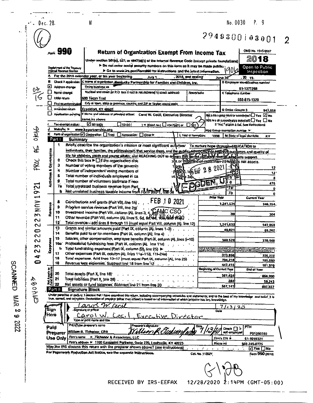 Image of first page of 2018 Form 990 for Kentucky Partnership for Families and Children