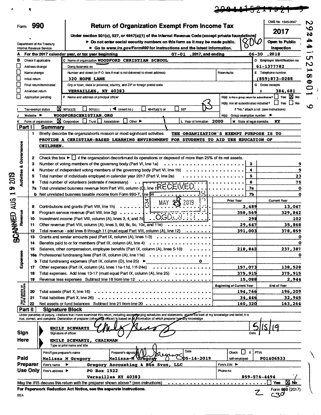 Image of first page of 2017 Form 990 for Woodford Christian School