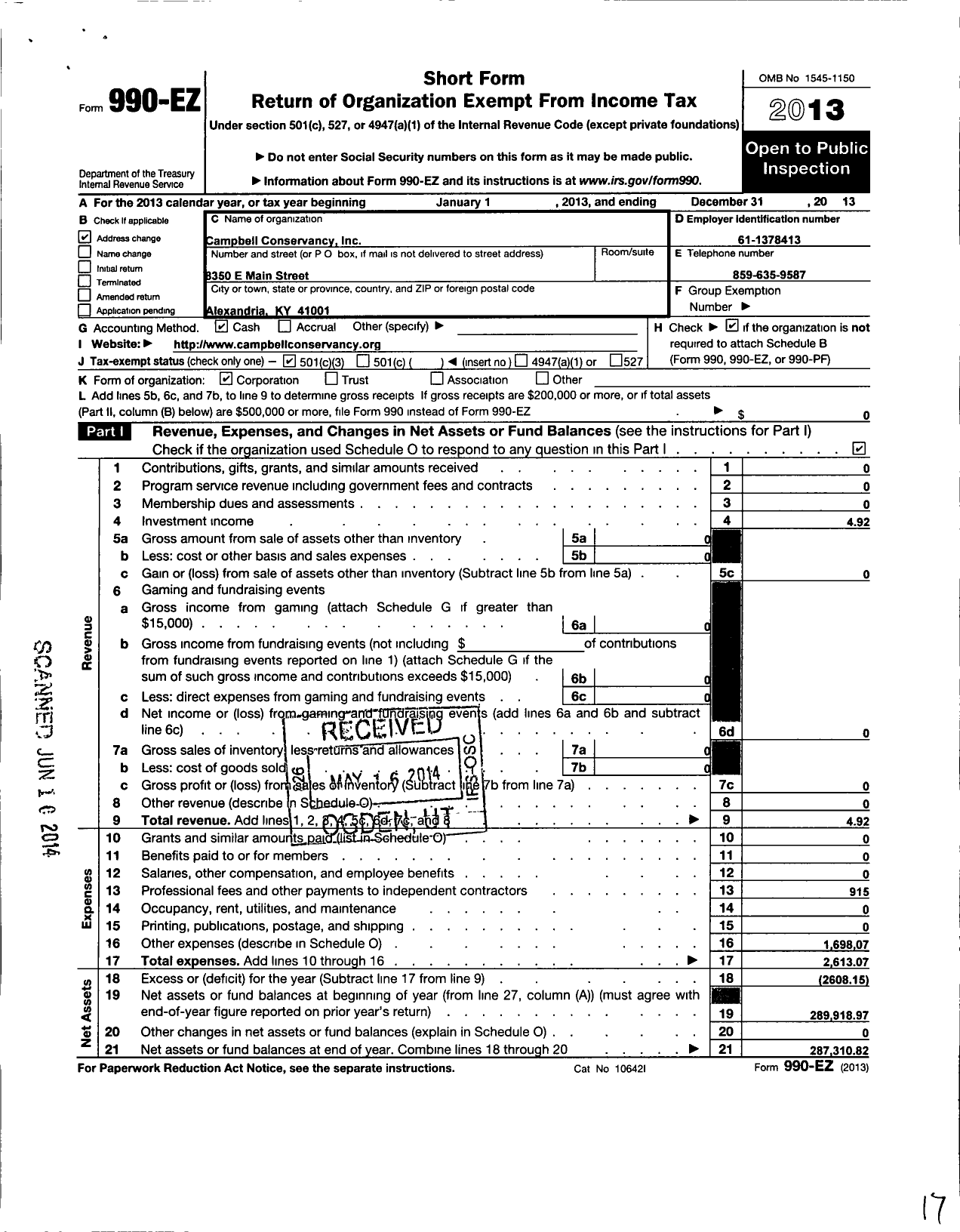 Image of first page of 2013 Form 990EZ for Campbell Conservancy