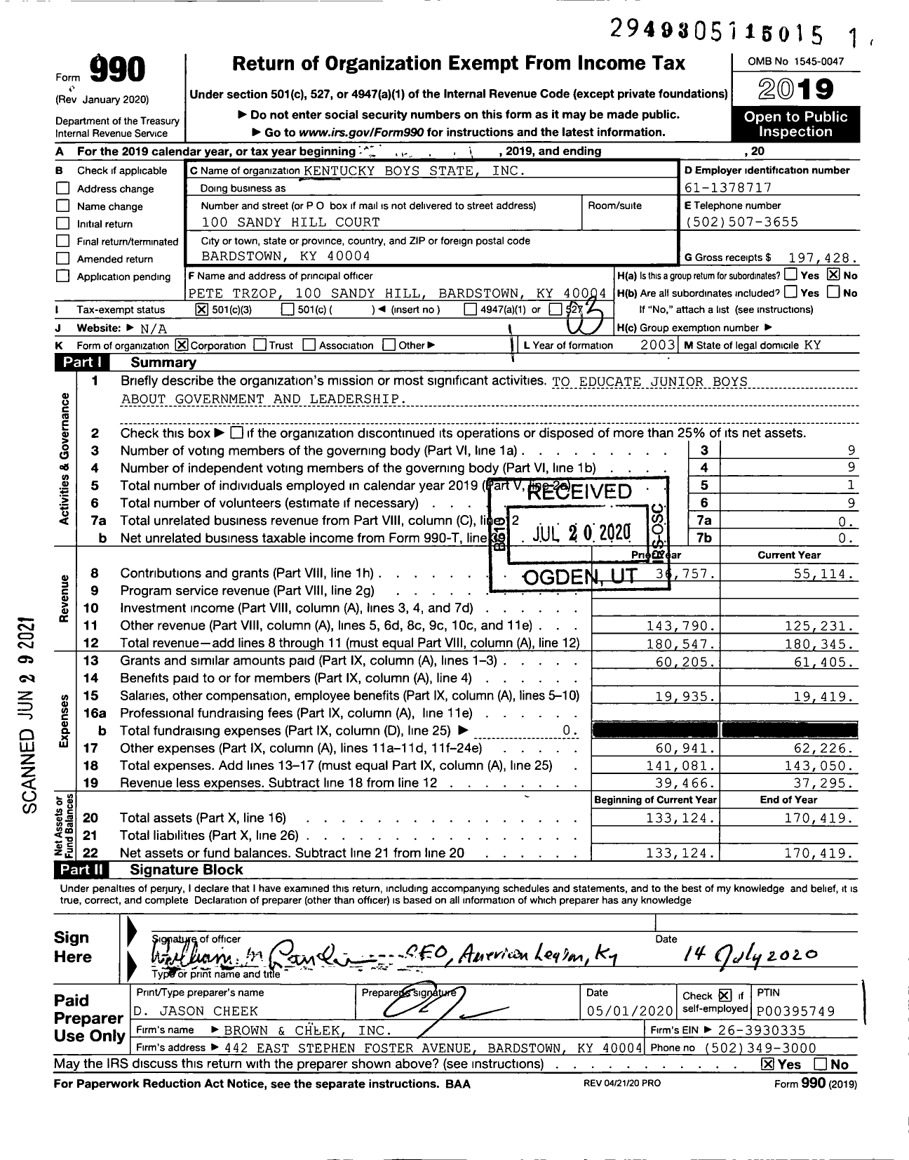 Image of first page of 2019 Form 990 for Kentucky Boys State