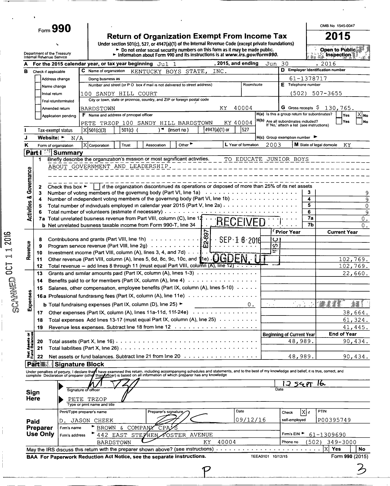 Image of first page of 2015 Form 990 for Kentucky Boys State